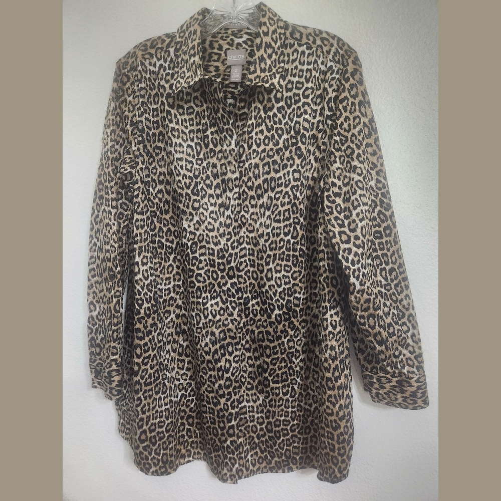 Chico's Leopard Print Long Line Button Front Shir… - image 1